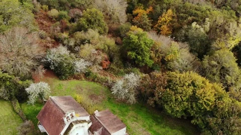 Aerial view of Saint-Mayeul chapel in Troncais forest, Allier, France Stock Footage 341769361