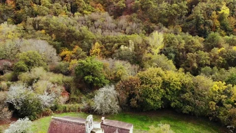 Aerial view of Saint Mayeul chapel hidden in Troncais forest, Vitray, France Stock Footage 341884907