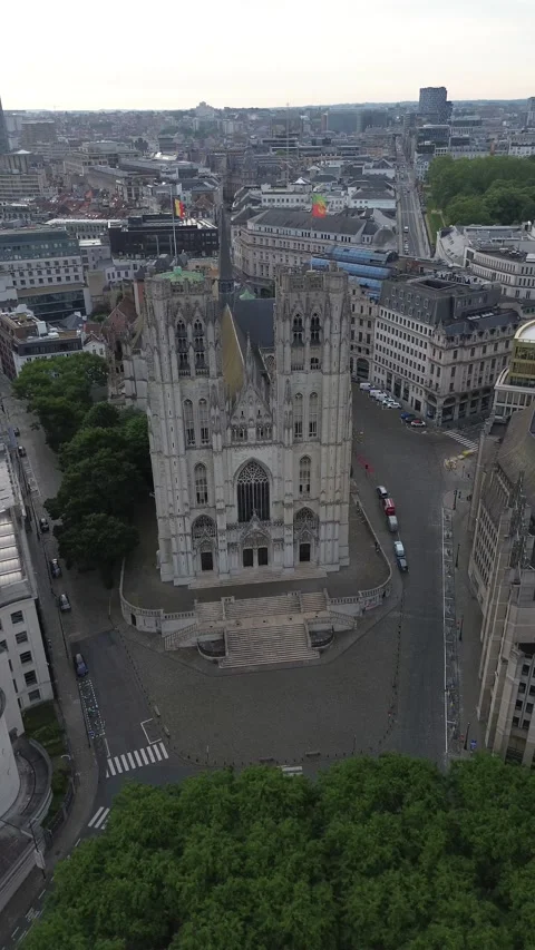 Aerial View Of Saint Michael And Gudula Cathedral In Brussels Belgium Stock Footage 343587230