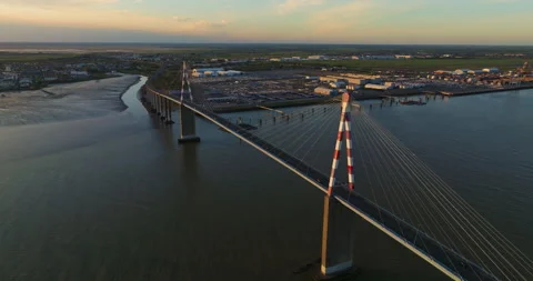 Aerial view of the Saint Nazaire Bridge a cable stayed bridge spanning the Loire Video stock 239731663