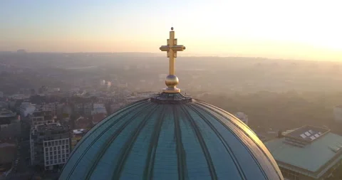 Aerial view of Saint Sava Temple's cupola and surrounding smog Stock Footage 166114226