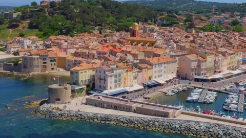 Aerial View of Saint Tropez Harbor and Old Town, French Riviera Stock Footage 315543014