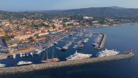 Aerial View of Saint Tropez Harbor and Town, French Riviera Stock Footage 315546607