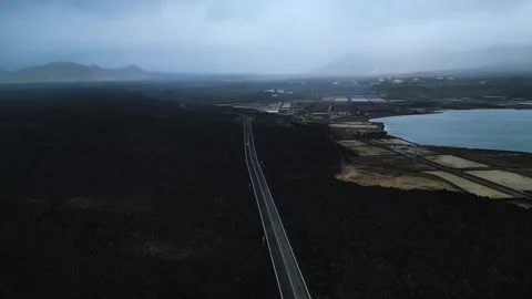 Aerial View Salinas de Janubio Salt Flats Lanzarote Canary Islands Dramatic Sky Stock Footage 334033239