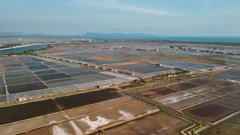 Aerial view of salt fields of kampot, cambodia. Geometric evaporation ponds 库存影片 326107699