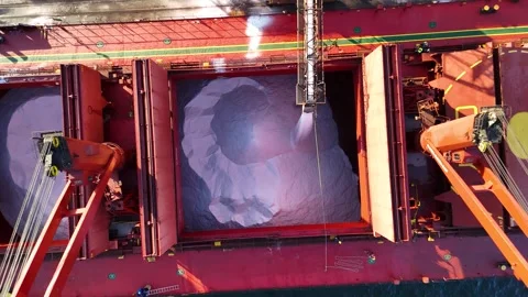 Aerial View of Salt Loading in Cargo Ship Hold 스톡 동영상 340307590