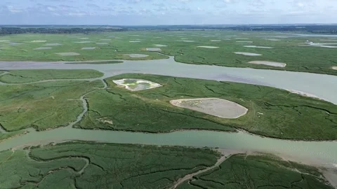 Aerial View of Salt Marsh Patterns and Water Channels, Bay of Somme, France Stock Footage 330658746