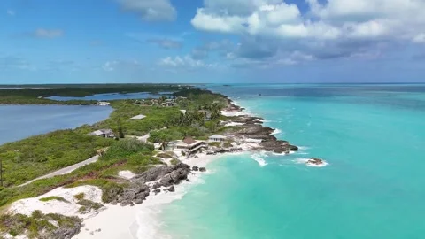 Aerial view of the Salt trading post and coastline in The Bahamas. Stock Footage 336422403