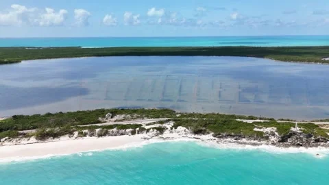 Aerial view of the salt trading post and salt pans, The Bahamas. Stock Footage 336422546