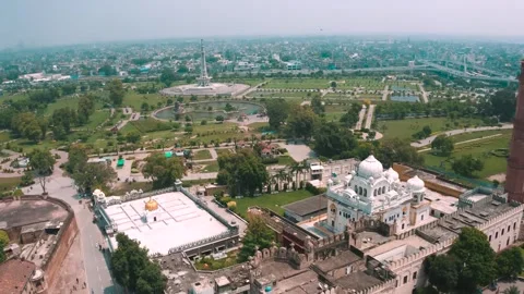 Aerial view of Samadhi of Ranjit Singh and Minar-e-Pakistan Stock Footage 346322009