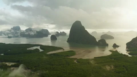 Aerial view of Samet Nangshe viewpoint with fog and morning sunrise. Phang Nga B Video stock 142705383