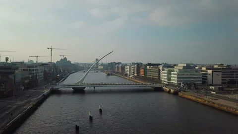 Aerial view of Samuel Beckett Bridge in Dublin, Ireland. Video stock 87751745