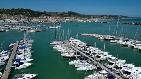 Aerial view of San Benedetto del Tronto marina filled with moored sailboats 스톡 동영상 340261841