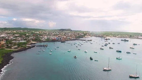 Aerial view of San Cristobal island, raindrops on camera lens, Galapagos Stock Footage