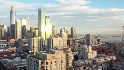 Aerial view of San Francisco Skyline at sunrise - 4K Drone Stock Footage