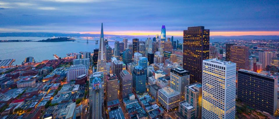 Aerial View of San Francisco Skyline at Sunrise Stock Photos