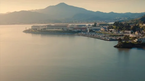 Aerial view of San Quentin State Prison on a peninsula. USA Video stock 101718248