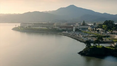Aerial view of San Quentin State Prison on a peninsula. USA Stock Footage 101718305