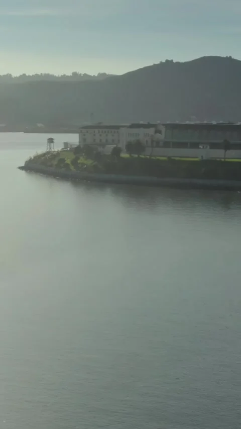 Aerial view of San Quentin State Prison on a peninsula. USA Stock Footage 314034595