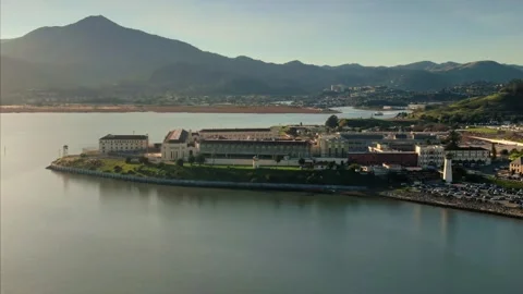 Aerial view of San Quentin State Prison on a peninsula. USA Stock Footage 314043382