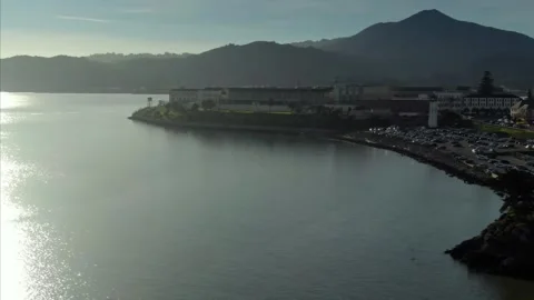 Aerial view of San Quentin State Prison on a peninsula. USA Stock Footage 314043424