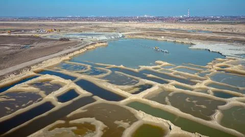 Aerial view of sand extraction from artificial lake of groundwater Stock Photos