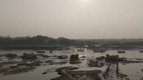 Aerial view of sand mining at river bank. Stock Footage 254489004