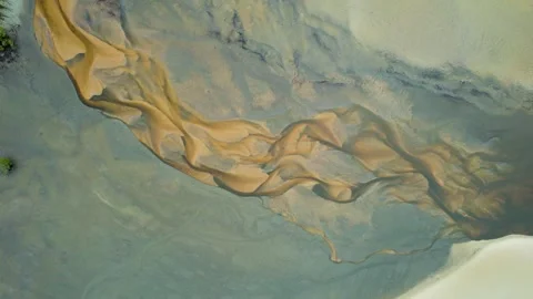 Aerial view of sand patterns and shallow water at K'gari, Australia. Stock Footage 335330412
