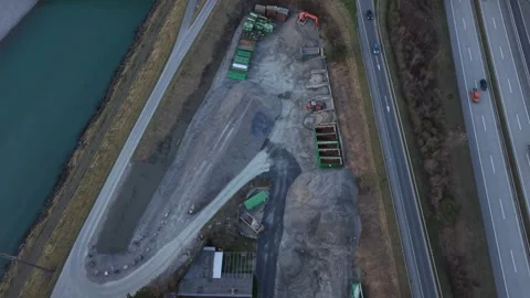 Aerial View of Sand Processing Plant Between River and Highway Logistics Hub Видео 331441541