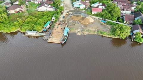 Aerial view of sand processing on the river bank Stock Footage 327213389