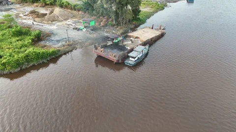 Aerial view of sand processing on the river bank Stock Footage 327213480