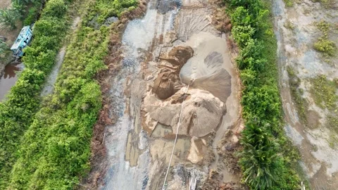 Aerial view of sand processing on the river bank Stock Footage 327213565
