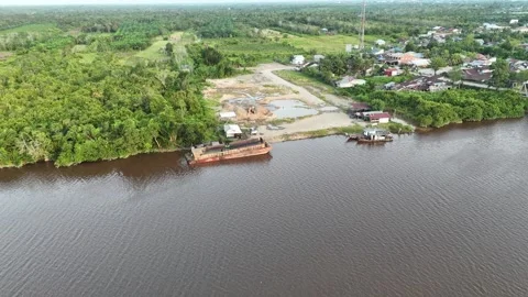 Aerial view of sand processing on the river bank Stock Footage 327213761
