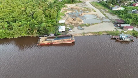 Aerial view of sand processing on the river bank Stock Footage 327214297