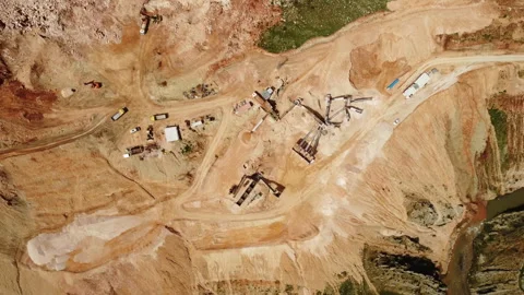 Aerial view of a sand quarry. Working machines, sand and mineral extraction Stock Footage 258256627