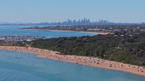 Aerial View of Sandringham Beach with Melbourne Skyline in Background 스톡 동영상 327889507