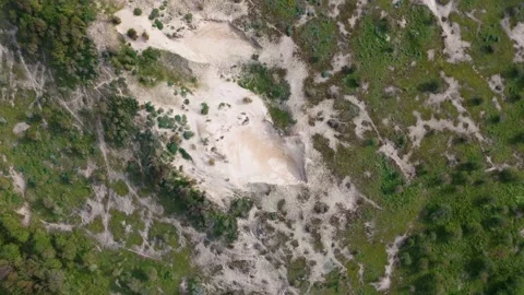 Aerial view of a sandy area surrounded by green vegetation and trees Video stock 300199205