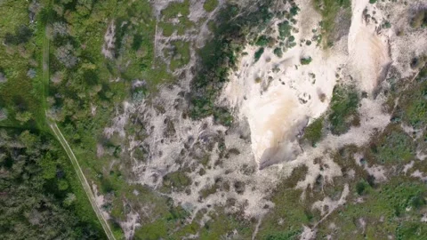 Aerial view of a sandy area surrounded by green vegetation and trees Video stock 300215302