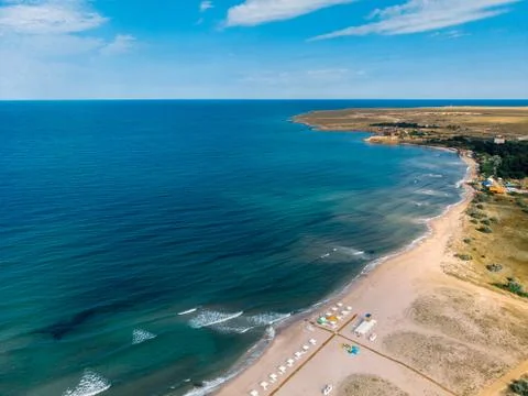 Aerial view of the sandy bay and the sea. Crimea Stock Photos