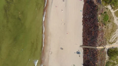 Aerial view of a sandy beach and green sea water in Lithuania Stock Footage 321753463