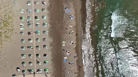 Aerial view of sandy beach and sea waves with lounge chairs and beach umbrellas Stock Footage 336310230