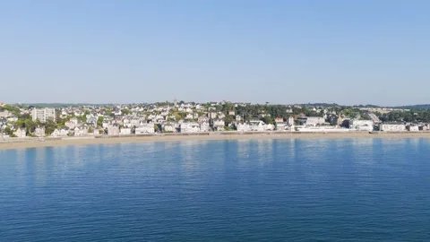 Aerial view of the sandy beach and coastal town of Pleneuf-Val-Andre in Brittany Stock Footage 346672167