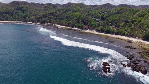 Aerial view of a sandy beach bordered by dense green jungle. Coastal footage Stock Footage 346222369