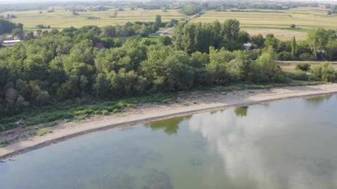 Aerial view a sandy beach on river Danube Stock Footage 205599946