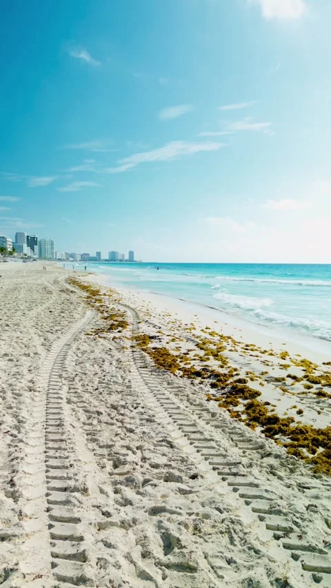 Aerial view of a sandy strip and turquoise sea in Cancun 스톡 동영상 342090282