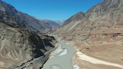 Aerial view of Sangam – the confluence of the Indus river and Zanskar river Stock Footage 220108972