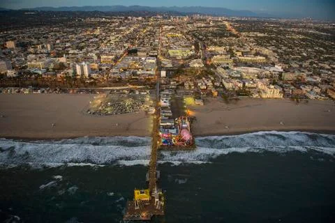 Aerial view of Santa Monica Pier in Los Angeles cityscape, California, United Stock Photos