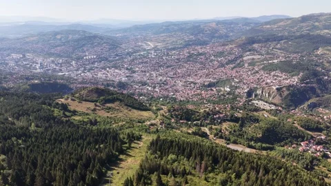 Aerial View of Sarajevo City Valley and Cable Car Route from Trebevic Mountain Stock Footage 342940407