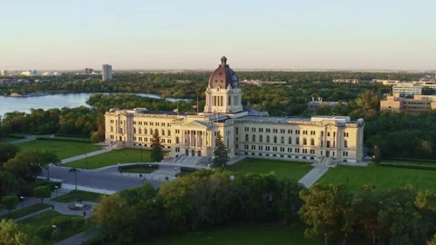 Aerial view of Saskatchewan legislative building in Regina Canada at sunset. Stock Footage 337803593
