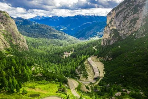 Aerial view of Sass de Stria peak, Passo Falazarego, Dolomites Stock-Fotos